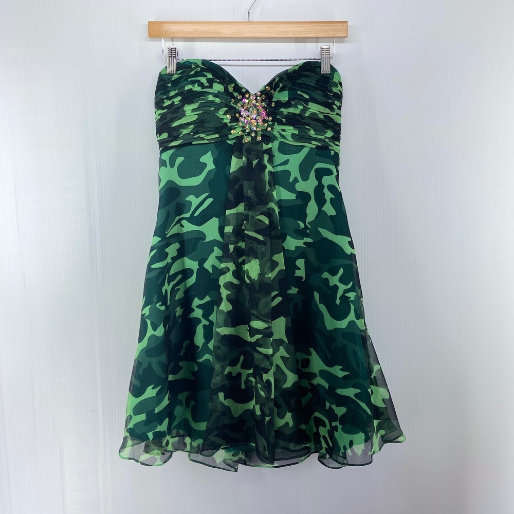 Hannah S Urban Camo Green Camouflage Rhinestone Prom Mini Dress Womens 6 NEW